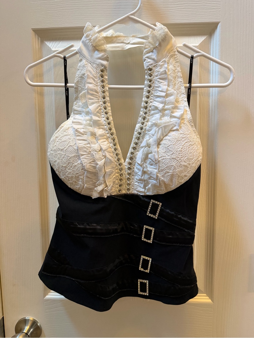 Y2K Halter Lace-Trim Camisole in White and Black with Buckle Accents